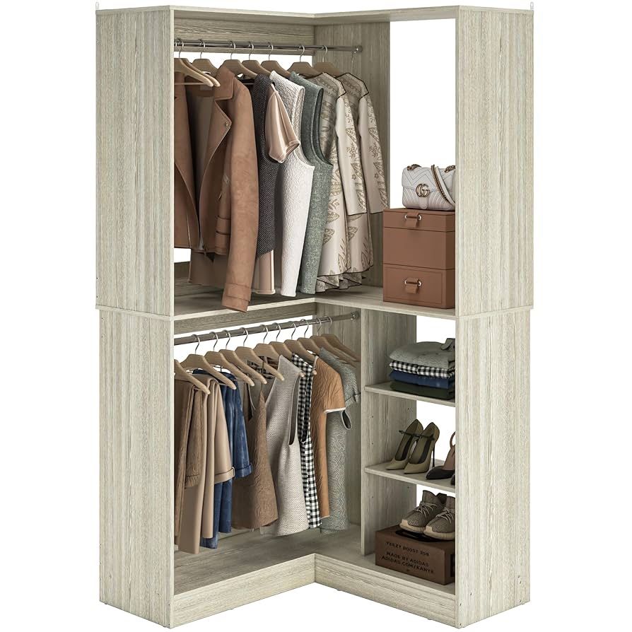 36 Inch Corner Closet System, Large Freestanding Closet Organizer System with 2 Hanging Rods and Storage Shelves, Sturdy Walk in Closet Towe