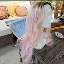 Pink Long Wavy Hair Wig Ombre