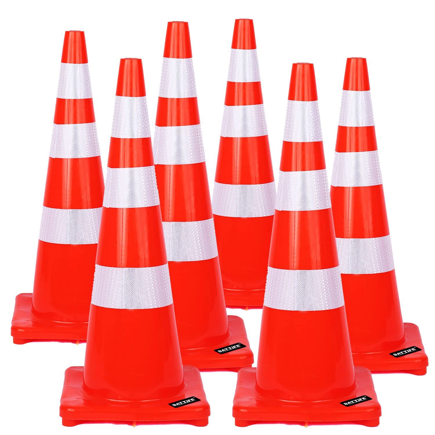 36 Inch Traffic Safety Cones | 6 Pack PVC Cone with Reflective Collars | Weighted Orange Construction Cones for Building Road Driveway Parking Use