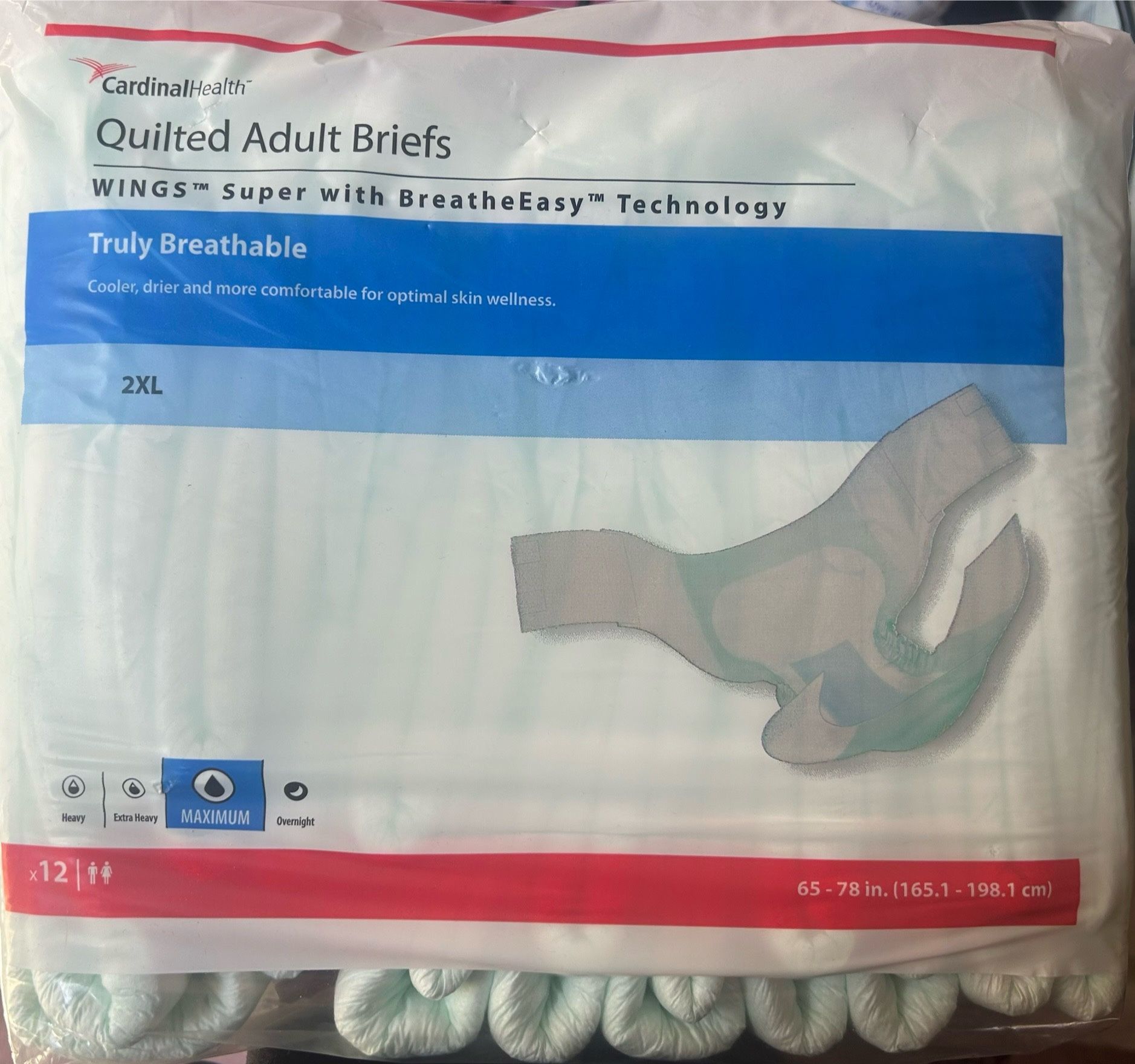 Cardinal Health 12Ct 2XL Quilted Adult Briefs WINGS Maximum Absorbency