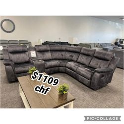 DARK GRAY Faux Suede Modular Sectional Sofa w/ Manual Recliner 112.95 x 100.71 x 39.37 in. H