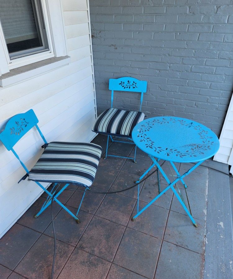 Blue patio furniture $100 set two chairs and table