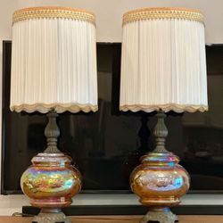 Vintage MCM Amber & Brass Lamps ( Pair) 