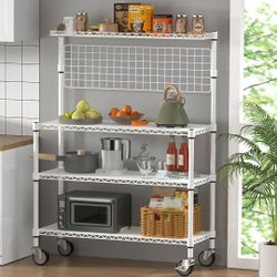 Leteuke Bakers Rack with Storage & Wheels, 42 Inch Microwave Stand Kitchen Shelves, 4-Tier Heavy Duty Storage Rack with 20 S-Hooks, Commercial Metal U