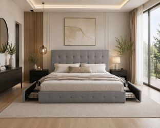 King bed Platform Bed Frame with 4 Storage Drawers and Headboard, Square Stitched Button Tufted, Mattress Foundation with Wooden Slats Support, No Box