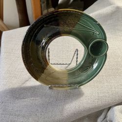 Artist Signed Pottery Candle Holder Multi-Color Glaze