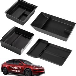 for Tesla New Model Y Juniper Center Console Organizer Tray Divided Storage Double Layer Space Slide smoothly Model Y 2025 2026 Accessorie - 4 PCS, Bl
