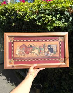 Vintage Linda Spivey country cats wooden framed art print (patchwork cat design with hearts)