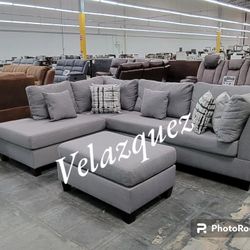 ✅️✅️3 pc grey polyfiber fabric sectional sofa reversible chaise and ottoman✅️