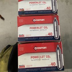 3) Boxes of Crosman Powerlet CO2 Cartridges  40ct boxes, one box has 37ct, so 117 cartridges total.  Perfect for a BB gun  $40 takes all 3 boxes 