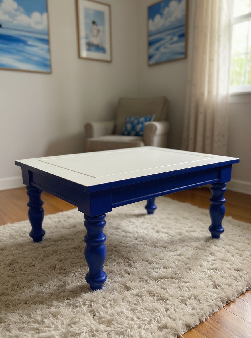 Blue & White Farmhouse Coffee Table - Solid Wood