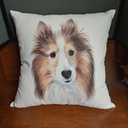 Sheltie Shetland Sheepdog Hand Painted / Signed by Artist Throw Pillow 15" x 15"