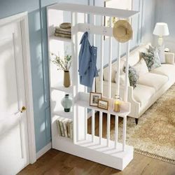 70.9 in. White 1-Panel Wood Room Divider, Modern Freestanding 4-Shelf Room Divider Bookcase with 3-Hooks for Home