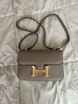 Taupe Leather Crossbody Shoulder Bag with Gold Hardware