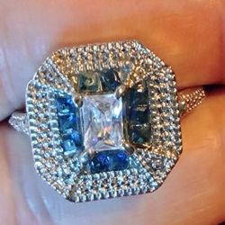 925.Silver Aqua Blue & CZ Gemstones Ring 