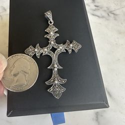 Beautiful Large 925 Sterling Silver Cross Pendant W/ Marcasite Accents , Marked 925