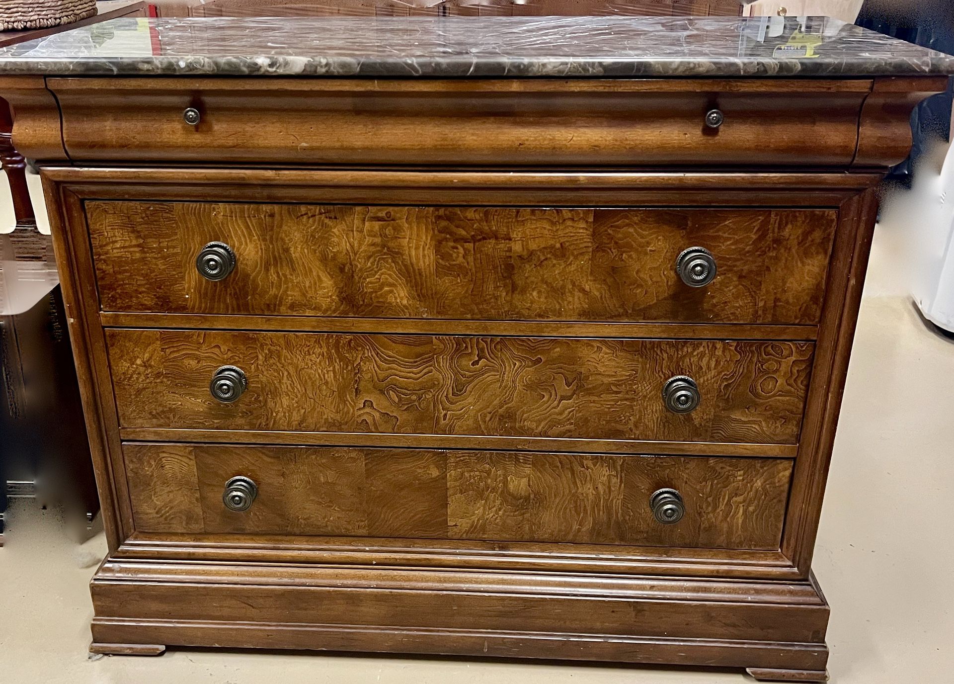 Beautiful Ethan Allen Chest With Marble Top, Carved Details And Drawers