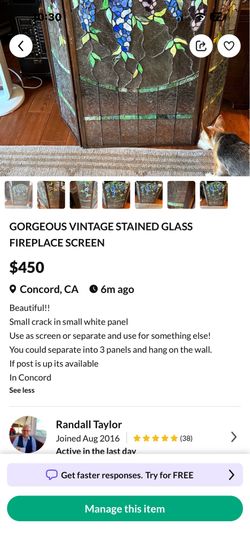 VINTAGE STAINED GLASS FIREPLACE SCREEN