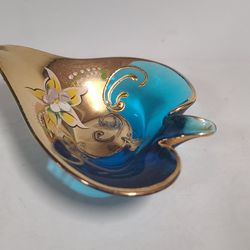 Beautiful Vintage Bohemian Blue & Gold Enameled Glass Heart Trinket Dish 