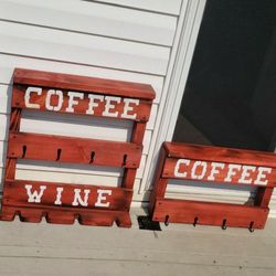 Primitive Rustic Coffee Rack and Wine Rack With Hooks