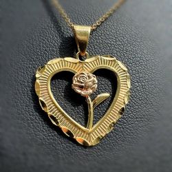 Jewelry 14k solid two tone yellow gold heart rose 🌹 Pendant charm
