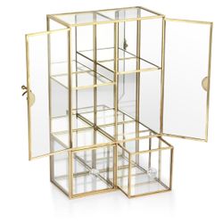 Brand new ELLDOO Clear Glass Storage Box with 2 Drawer, Gold Mirrored Jewelry Makeup Display Organizer Case, Decorative Tower Box Storage  