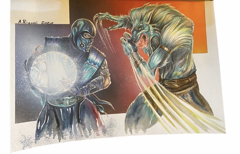 Mortal Kombat Sub Zero Vs. Killer Instinct Sabrewolf Original Art Sketch 15” X 10” - Italian Artist Aurelio Rigoni