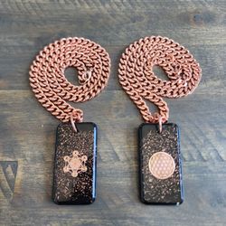 Orgonite Rectangular Pendant – Shungite, White Quartz, Clear Quartz, Copper – Flower of Life  Or Metatron Cube  – 24″ 8 mm Pure Copper 