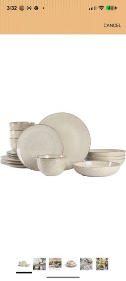 Gibson Elite Matisse 16-Piece Double Bowl Dinnerware Set – Service for 4, Taupe Stoneware Plates and Bowls