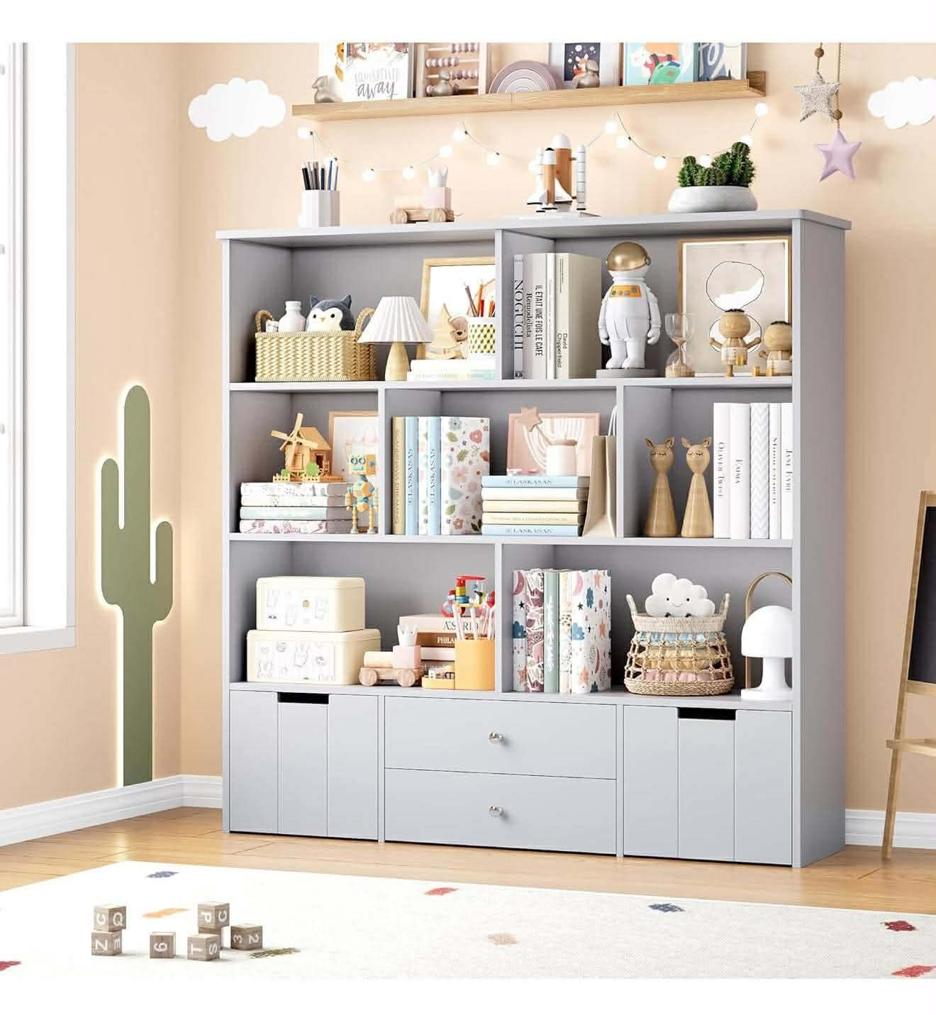 Toy Storage Organizer, Large Kids Bookshelf with 4 Drawers and 7 Cubbies, , Grey