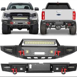 Front and Rear Bumper Compatible with 2019-2024 Ford Ranger Bumper Combo with Winch Plate, D-Rings, LED Lights, Sensor Hole