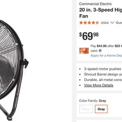 20 in. 3-Speed High Velocity Shroud Floor Fan Commerical Electric