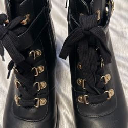 Women Black Leather Boots with Gold Buckles. Size 7