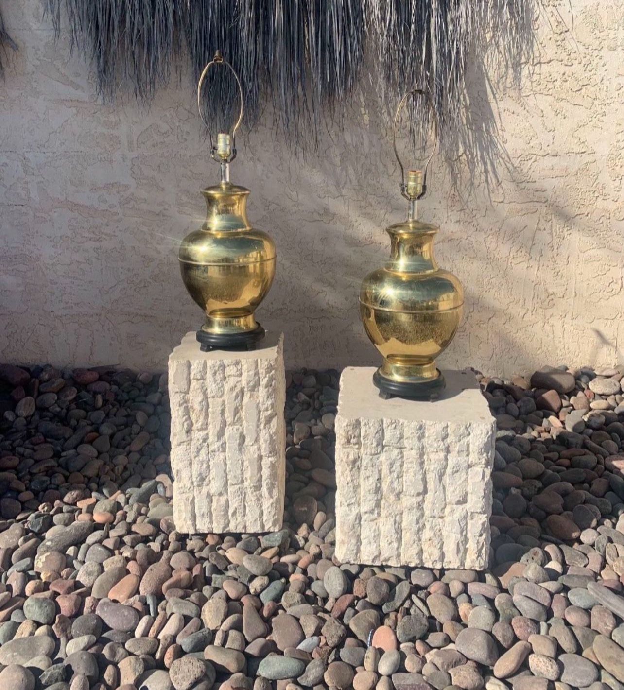 (Set of 2) Antique Gold Brass Jug Table Lamps in style of Chinoiserie