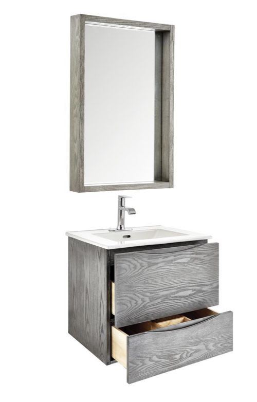 City Loft 24 in. W x 18-1/2 in. D Wall Hung Bath Vanity in Grey w/ Vitreous China Top in White & Mirror by Home Decorators Collection MRP: $431