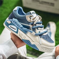 [Sneakers] Large-Sized Men'S Shoes in a Unique Blue And White Color-Block Design, Featuring a Low-Top Lace-Up Style, Comfortable Interior, Stable Sole