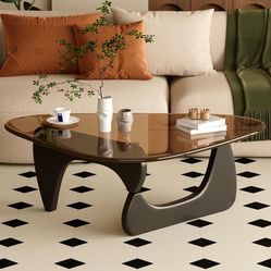 Coffee Table for Living Room Mid Century Modern Center Table with Glass Top and Wood, Brown/Black
