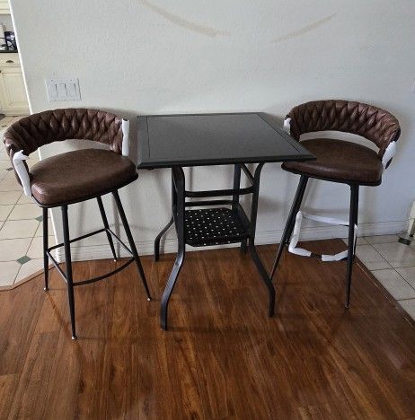 Bar Height Bistro Set with Square Metal Table and Two Bar Stools