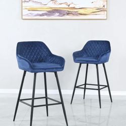 (Set Of 4)Blue velvet bar chairs, height 27 inches, suitable for modern kitchen islands and high tables