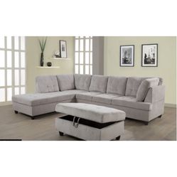 Grey Chenille Sectional Couch And Ottoman 