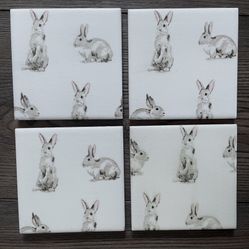 4Grey White Rabbit Bunny Coasters Handmade set a four