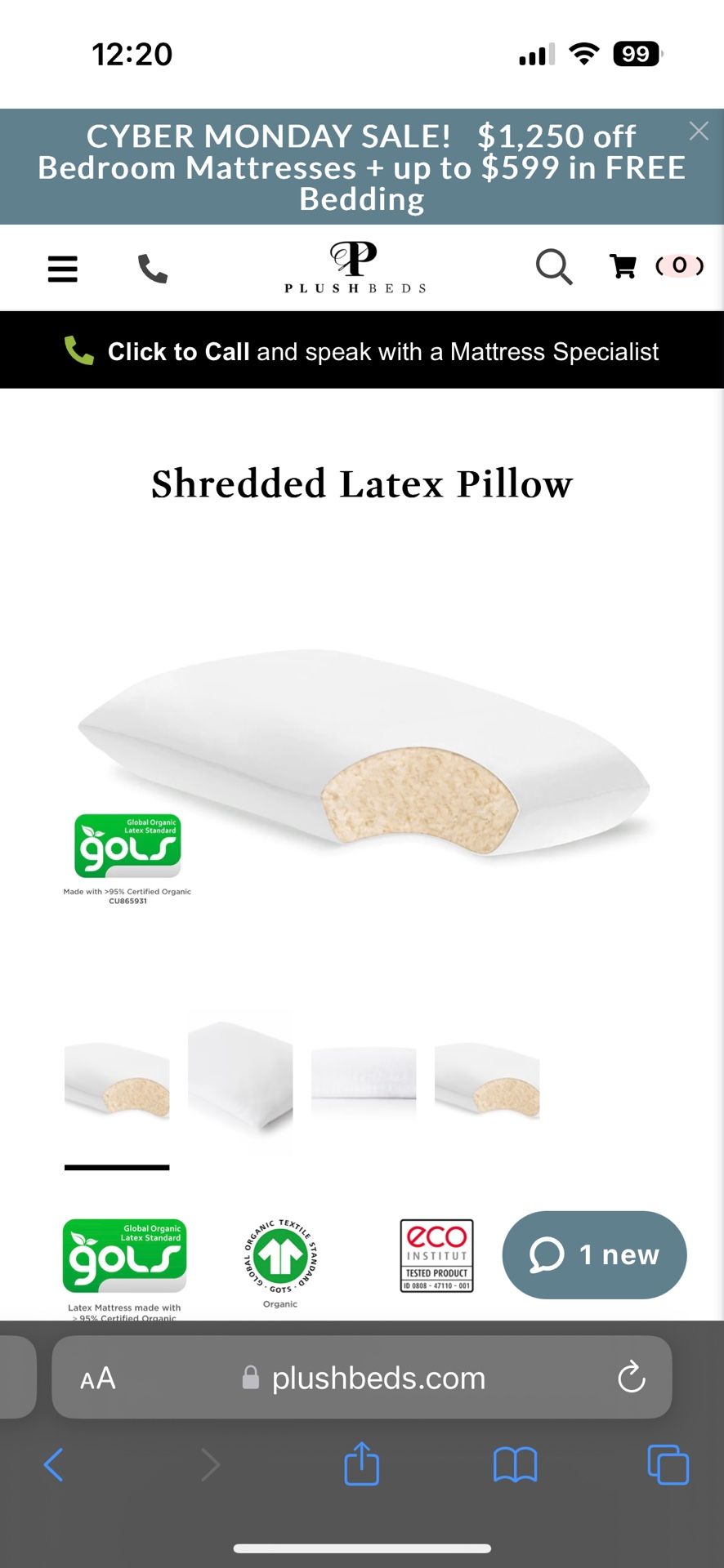Plushbeds King Sized Shredded Latex Pillows - Springy Soft & Organic
