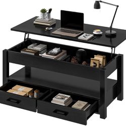 41.7'' Lift Top Coffee Table with 2 Storage Drawer Hidden Compartment Open Storage Shelf for Living Room Folding Wood End Table (Black)