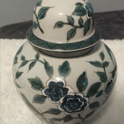 Green Floral Ginger Jar Ceramic Vase 11"