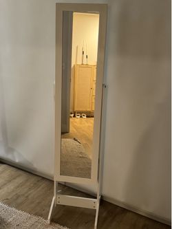 Standing Jewelry Armoire with Full-Length Mirror - White