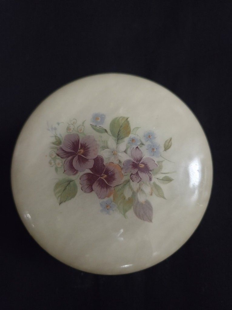 Vtg Genuine Alabaster Trinket Box Powder Jewelry Box Made In Italy 3.5"x1.75"
