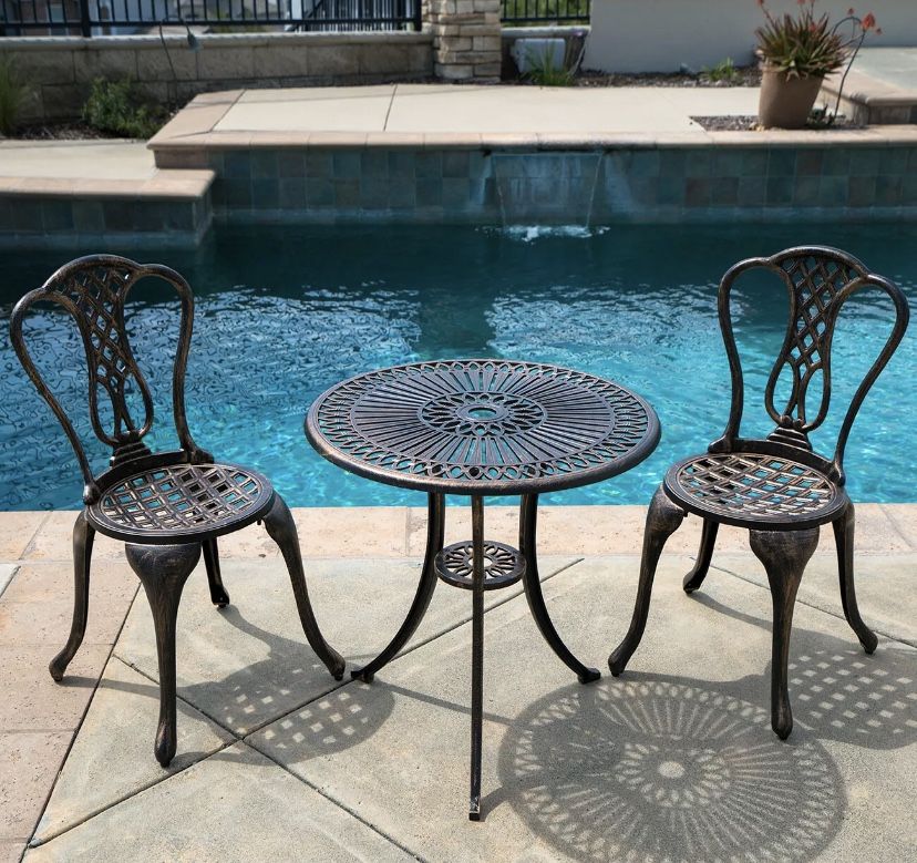 SHIPPING ONLY 3 Piece Antique Aluminum Patio Furniture Set Bronze Chairs and Table