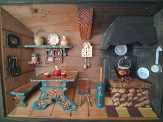 1970s German miniature figurines cabin 3D kitchen wooden scene