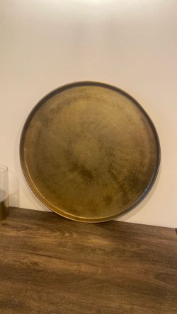 Crate & Barrel Large  Round Hammered Matte Gold Serving Tray 21” in Diameter