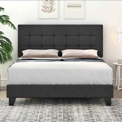 Full/Queen Size Gray Panel Platform Bed Frame with Adjustable Fabric Upholstered Headboard, Adult